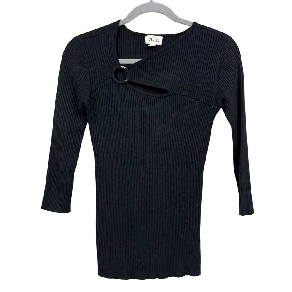 PER SE Womens Knit Sweater Silver Collar Detail Ribbed 3/4 Sleeve Black Size M*